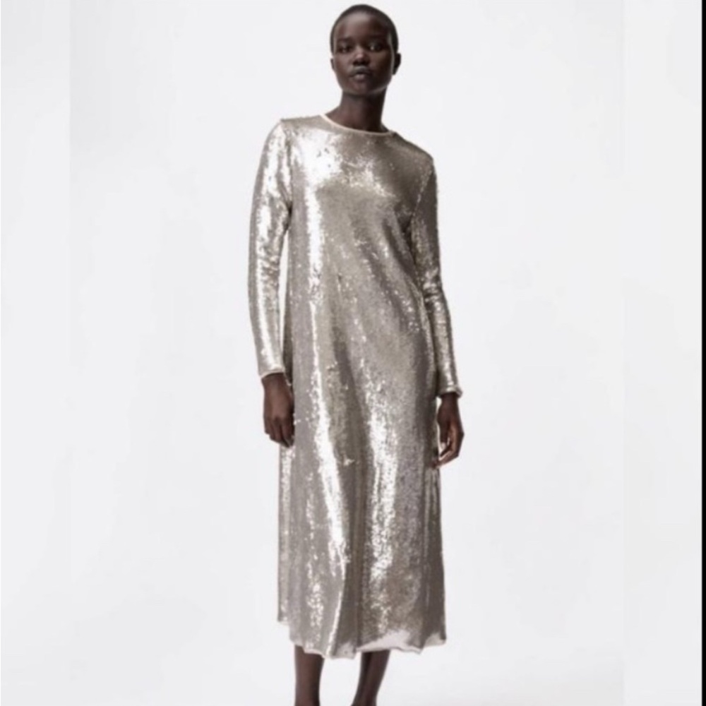Zara Silver Sequin Midi dress NWOT size Small but fits like Medium. Formal